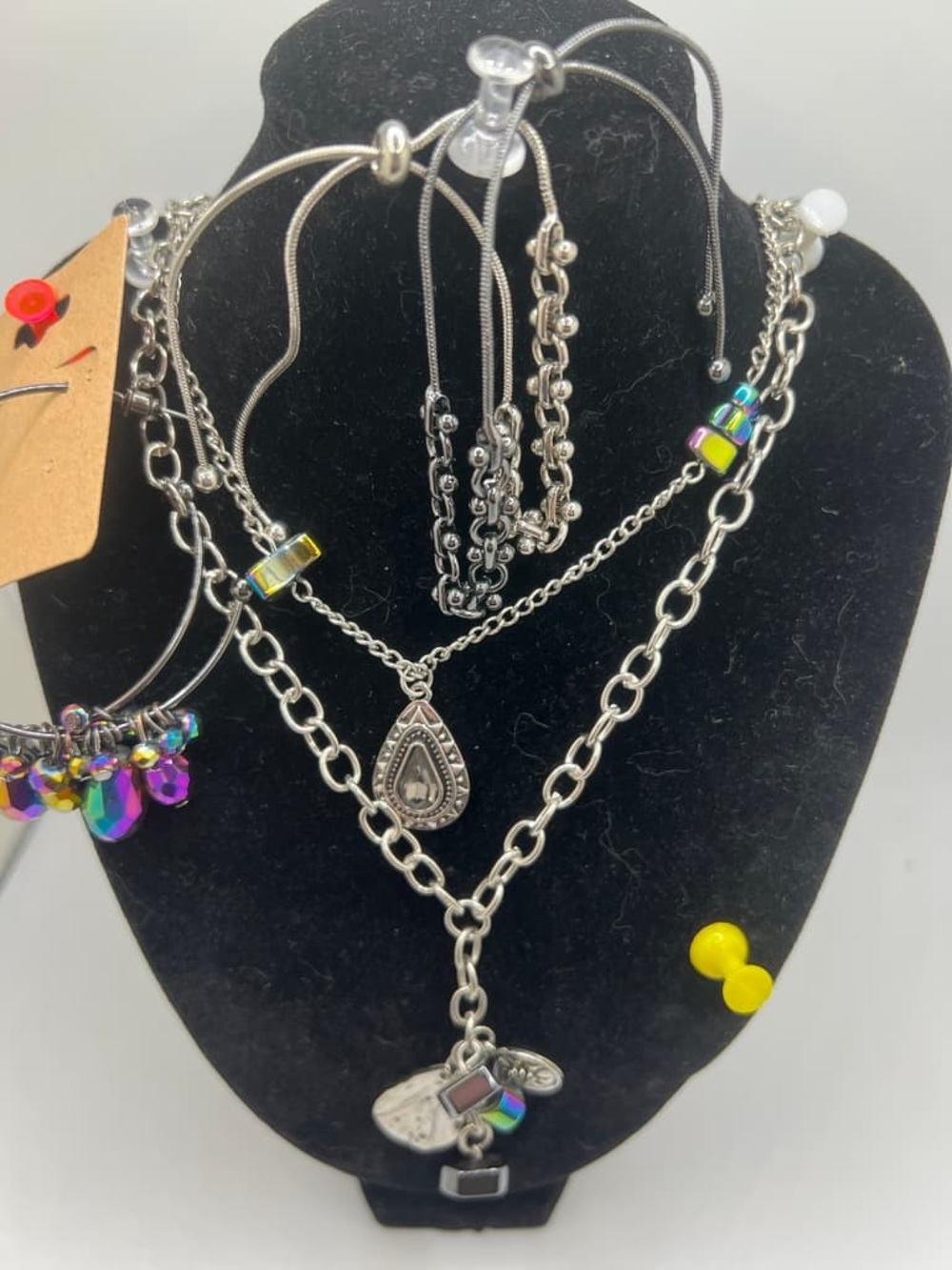 Girls' Silver-Tone Layered Teardrop Necklace with Iridescent Accents